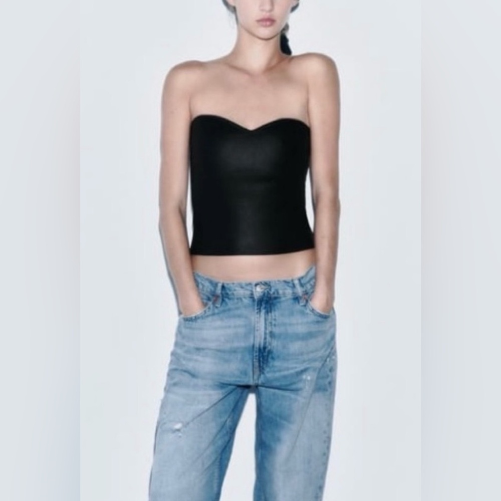 NWT- Zara Knit Coated Bustier Top Strapless - Black - Sz M
